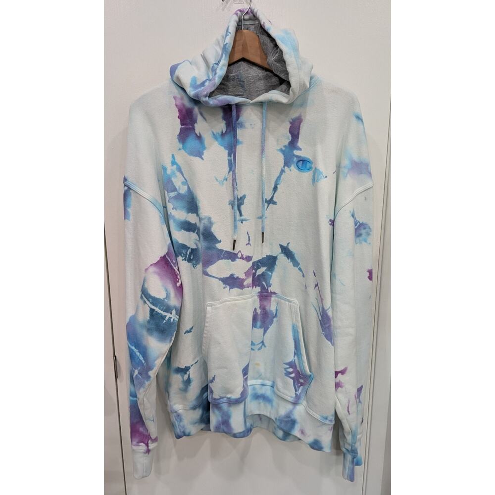 Champion Hoodie Mens Large White Tie Dye Pullover Sweatshirt Pastel Purple Blue